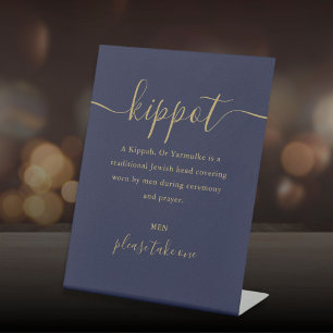 Navy Blauwe En Gouden Joodse Trouwkippot Yarmulke Reclamebord Met Voetstuk