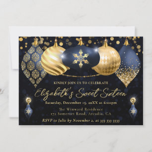 Navy Blauwe en Gouden Kerstballen Sweet 16 Kaart