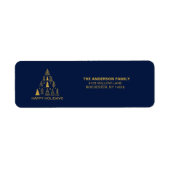 Navy Blauwe en Gouden Kerstboom | Vakantie Etiket (Voorkant)