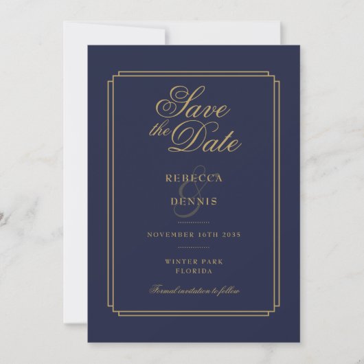 Navy Blauwe en Gouden Script Art Deco Foto Bruilof Save The Date (Voorkant)