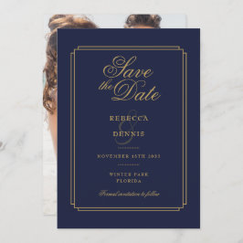 Navy Blauwe en Gouden Script Art Deco Foto Bruilof Save The Date