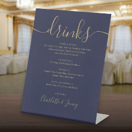 Navy Blauwe En Gouden Script Bruiloft Dranken Menu Reclamebord Met Voetstuk