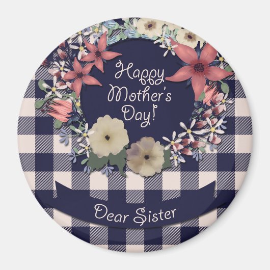 Navy Blauwe en Koraalrode Bloemen | Voor Zus Magneet (Voorkant)