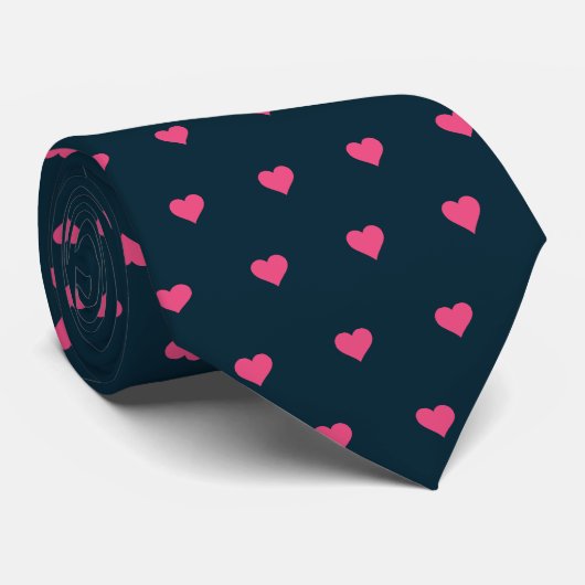 Navy Blauwe en Roze Hartjes Heren Das (Opgerold)