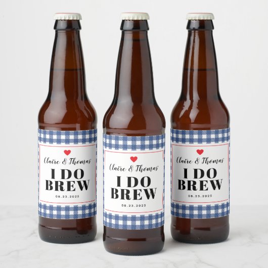 Navy Blauwe en Witte Gingham I Do Brew Bruiloft Bier Etiket (Flessen)