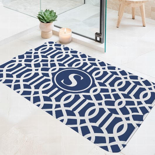 Navy Blauwe en Witte Trellis Monogram Badmat