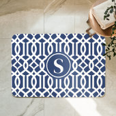 Navy Blauwe en Witte Trellis Monogram Badmat