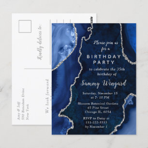 Navy Blauwe en Zilveren Agaat Marmeren Verjaardags Briefkaart