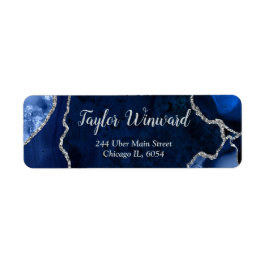 Navy Blauwe en Zilveren Agate Marmer Verjaardagsfe Etiket
