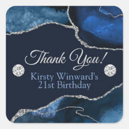 Navy Blauwe en Zilveren Glitter Agate Verjaardagsf Vierkante Sticker