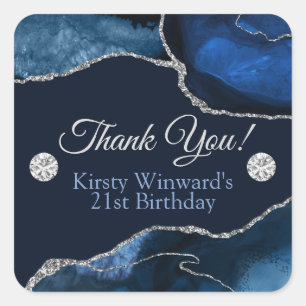 Navy Blauwe en Zilveren Glitter Agate Verjaardagsf Vierkante Sticker