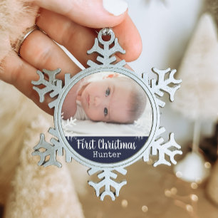 Navy Blauwe Foto Baby Eerste Kerstmis Sneeuwvlok Tin Sneeuwvlok Ornament