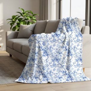 Navy Blauwe Franse Toile Rozen Bloemen Dekbed Sherpa Deken