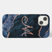 Navy Blauwe Geode Agate Roze Glitter Monogram iPhone Hoesje (Achterkant horizontaal)