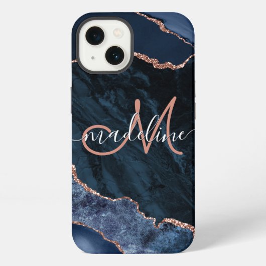 Navy Blauwe Geode Agate Roze Glitter Monogram iPhone Hoesje (Achterkant)