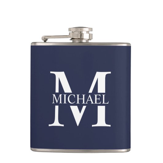 Navy Blauwe Gepersonaliseerde Monogram en Naam Fle Heupfles (Voorkant)
