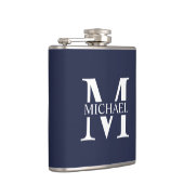 Navy Blauwe Gepersonaliseerde Monogram en Naam Fle Heupfles (Rechts)