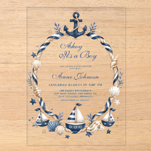 Navy Blauwe Geruite Zeilboot Ahoy Jongens Baby Sho Acryl Uitnodigingen