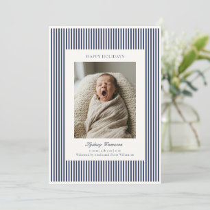 Navy Blauwe Gestreepte Baby Eerste Kerstmis Feestdagenkaart
