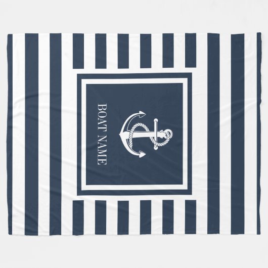 Navy Blauwe Gestreepte Zeeanker Bootsnaam Fleece Deken (Voorkant (Horizontaal))
