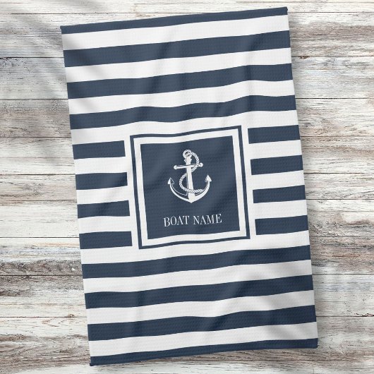 Navy Blauwe Gestreepte Zeeanker Bootsnaam Theedoek