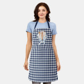 Navy Blauwe Gingham Keukengerei Bakkerij Schort (Gedragen)