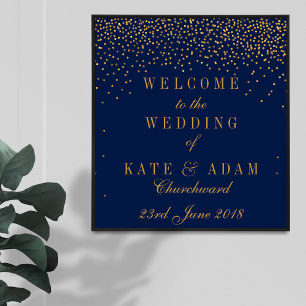 Navy Blauwe & Glam Gouden Confetti Trouw Welkom Poster