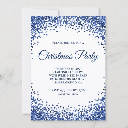 Navy Blauwe Glitter Rand Witte Kerstfeest Kaart (Voorkant)