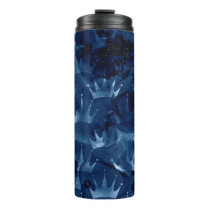 Navy Blauwe Glitter Zeemeermin Kroon Patroon Thermosbeker