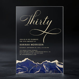 Navy Blauwe Goud Agate 30e Dertigste Verjaardagsfe Acryl Uitnodigingen
