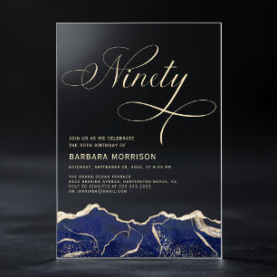 Navy Blauwe Goud Agate 90e Negentigste Verjaardags Acryl Uitnodigingen