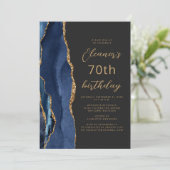 Navy Blauwe Goud Agate Leisteen Script 70e Verjaar Kaart (Staand voorkant)