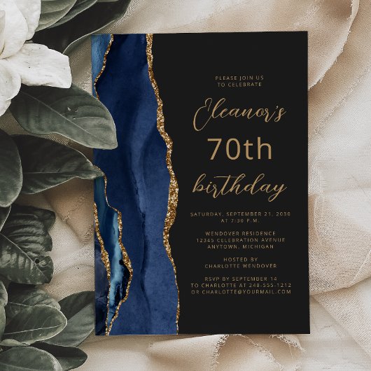 Navy Blauwe Goud Agate Leisteen Script 70e Verjaar Kaart