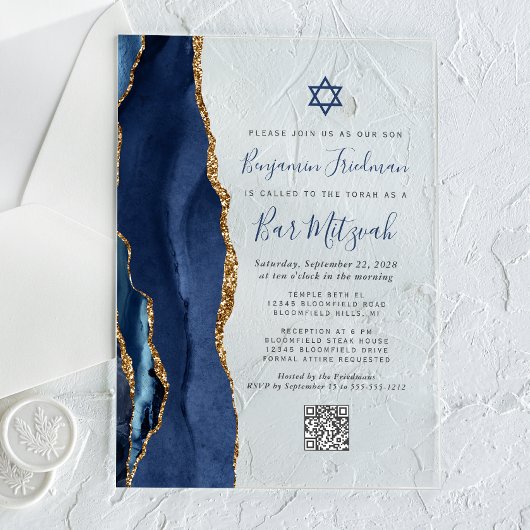 Navy Blauwe Goud Agate QR Code Bar Mitzvah Acryl Uitnodigingen