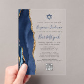 Navy Blauwe Goud Agate QR Code Bar Mitzvah Acryl Uitnodigingen (Insitu (Draagbaar))