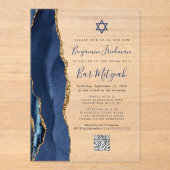 Navy Blauwe Goud Agate QR Code Bar Mitzvah Acryl Uitnodigingen (Voorkant)