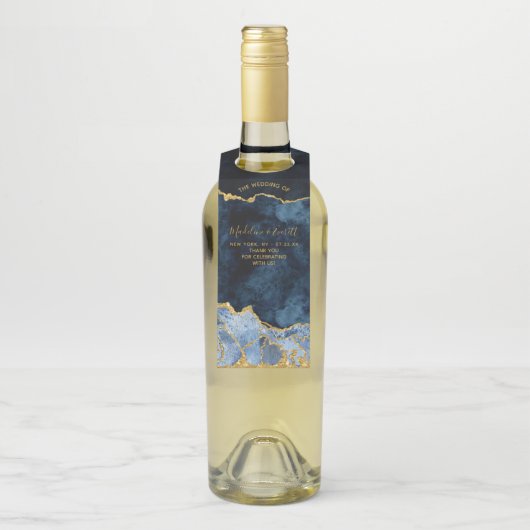 Navy Blauwe Goud Folie Marmer Agate Huwelijk Bedan Flessenhanger (Op fles)