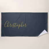 Navy Blauwe Gouden Aangepaste Script Naam Minimali Strandlaken (Voorkant)