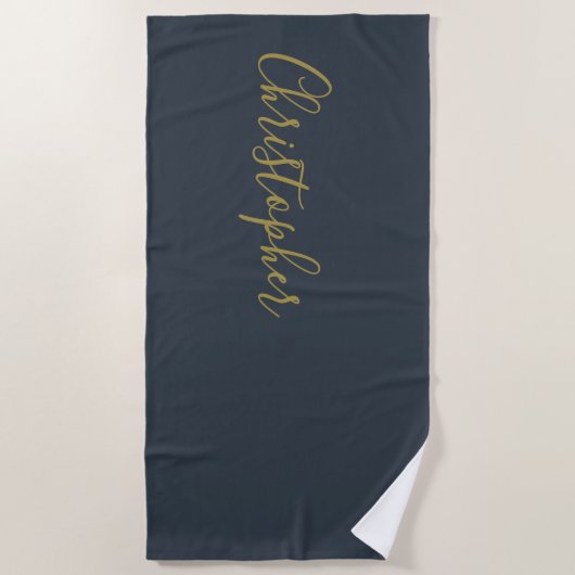 Navy Blauwe Gouden Aangepaste Script Naam Minimali Strandlaken (Voorkant)