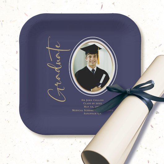 Navy Blauwe Gouden Afstudeer Script Minimaal Foto Papieren Bordje