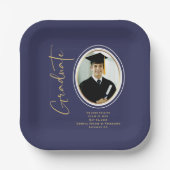 Navy Blauwe Gouden Afstudeer Script Minimaal Foto Papieren Bordje (Voorkant)