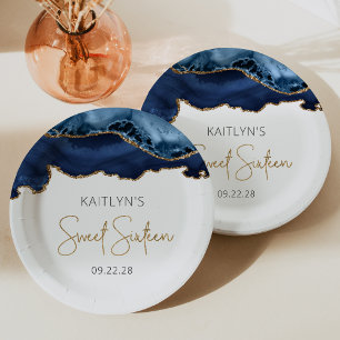Navy Blauwe Gouden Agaat Sweet 16 Verjaardagsfeest Papieren Bordje