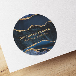 Navy Blauwe Gouden Agate Marmer Zakelijke Dankjewe Ronde Sticker