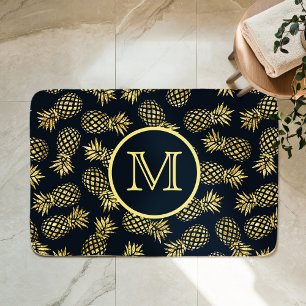 Navy Blauwe Gouden Ananas Patroon Monogram Badmat