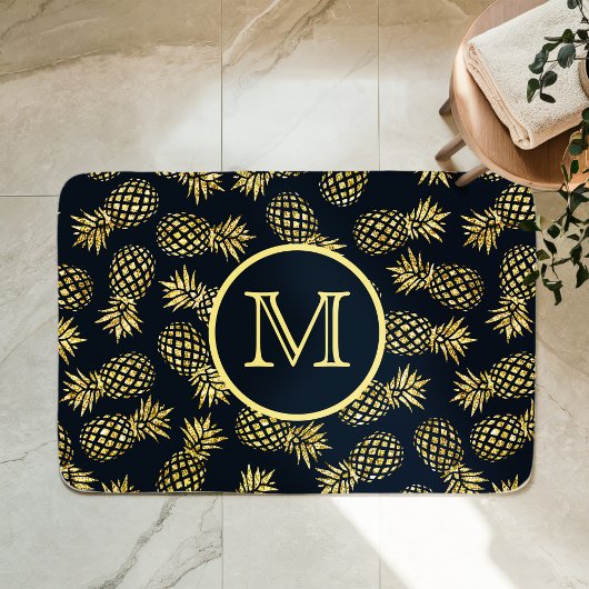 Navy Blauwe Gouden Ananas Patroon Monogram Badmat