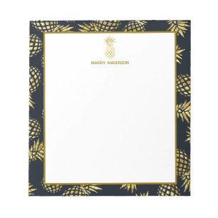 Navy Blauwe Gouden Ananas Patroon Monogram Notitieblok