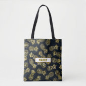 Navy Blauwe Gouden Ananas Patroon Monogram Tote Bag (Voorkant)