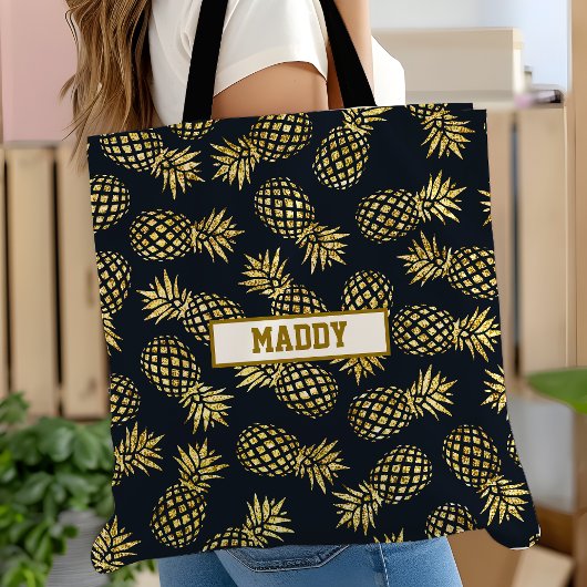 Navy Blauwe Gouden Ananas Patroon Monogram Tote Bag