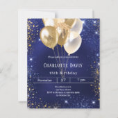 Navy blauwe gouden ballonnen verjaardagsuitnodigin (Voorkant)