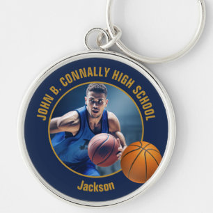 Navy Blauwe Gouden Basketbalspeler Foto Sleutelhanger